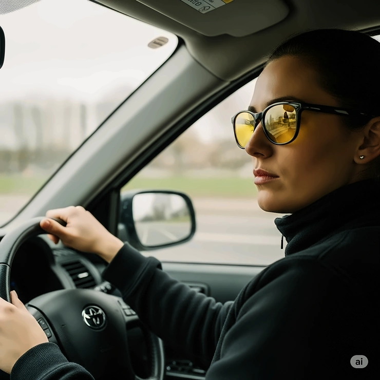 Driver confidently wearing yellow lens sunglasses for improved contrast and clarity on the road during a cloudy day.