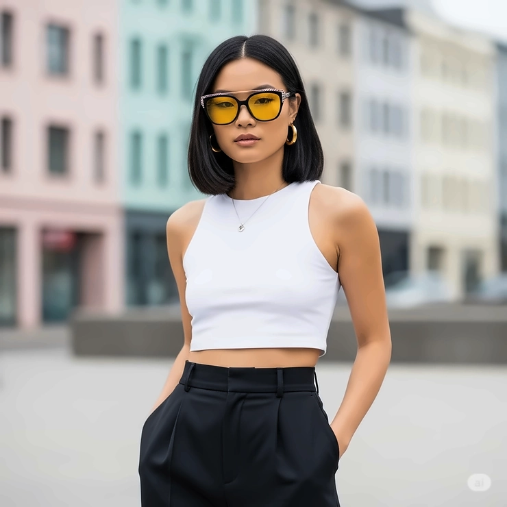 Fashionable individual showcasing trendy yellow lens sunglasses as a chic accessory, adding a pop of color to their outfit.