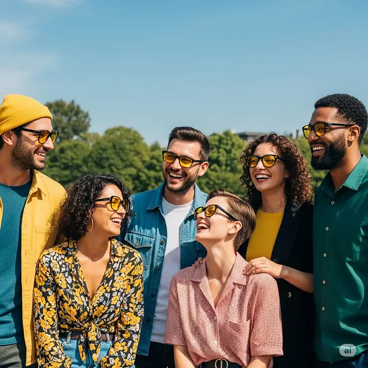Group of friends enjoying an outing, all wearing various styles of yellow lens sunglasses, perfect for diverse light conditions and fashion.