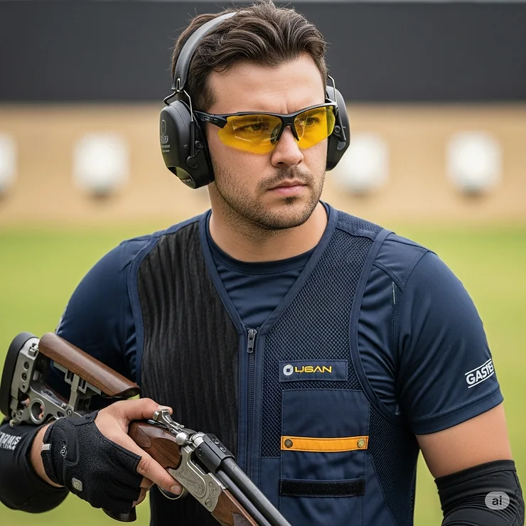 Athlete or shooter wearing yellow lens sunglasses for enhanced target visibility and improved focus during sports activities.
