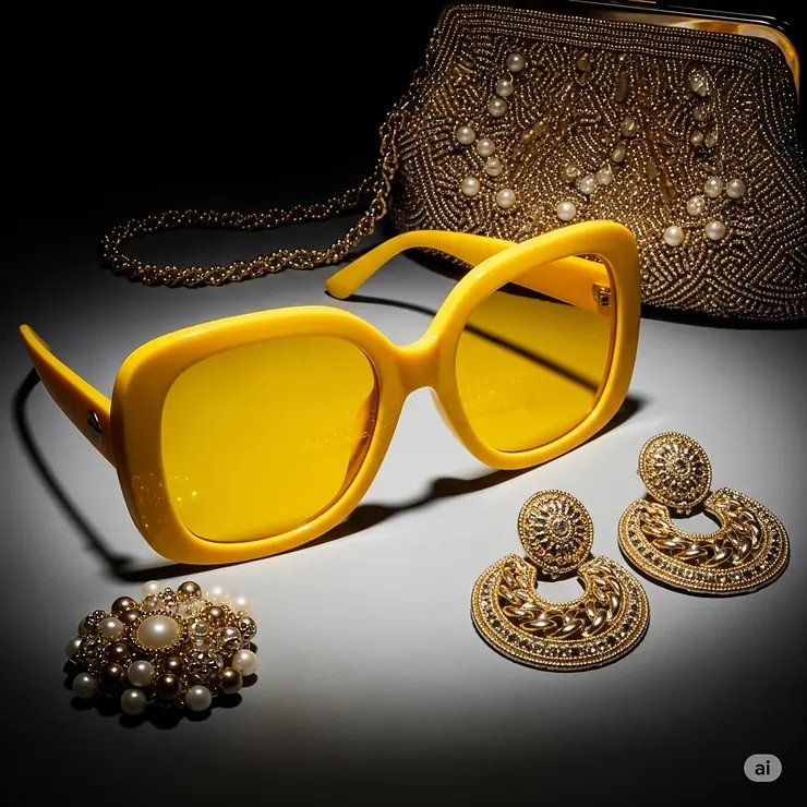 Flat lay of fashionable mens yellow oversized sunglasses alongside other stylish accessories.