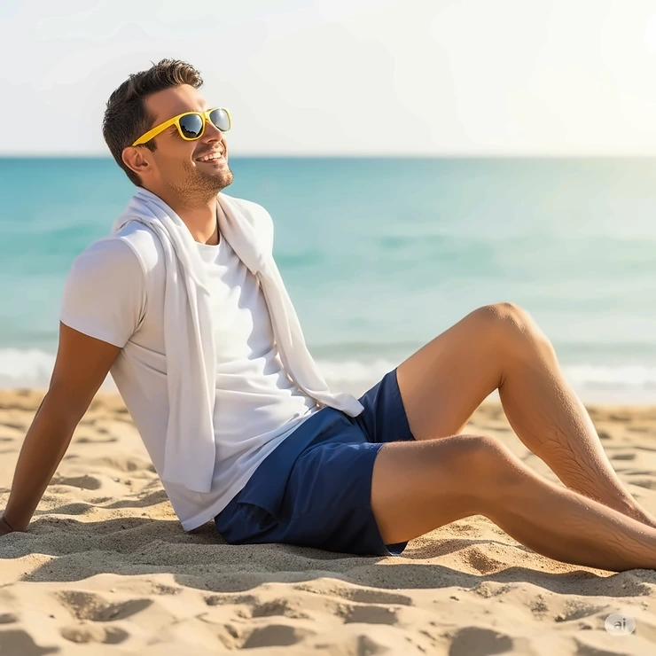 A person relaxing on a sandy beach, enjoying the sun while wearing fashionable yellow sunglasses, perfect for a holiday.