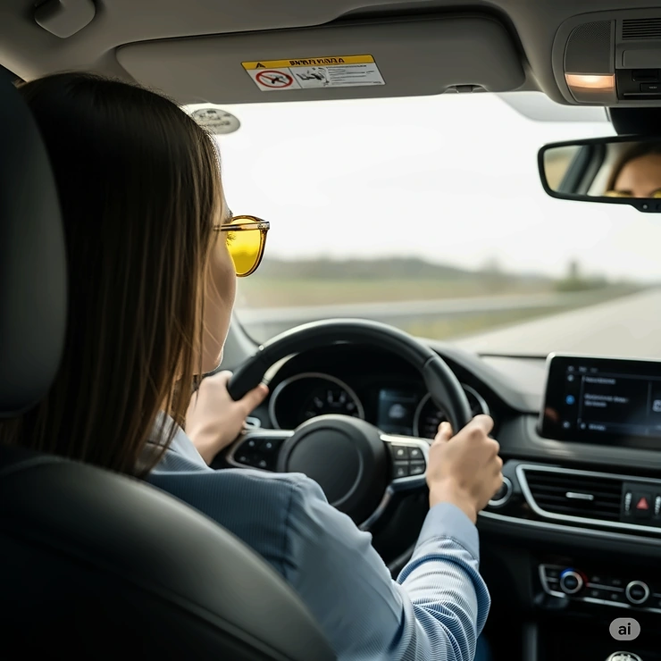 Image showing yellow sunglasses being worn while driving, highlighting their ability to enhance contrast and improve visibility on the road.