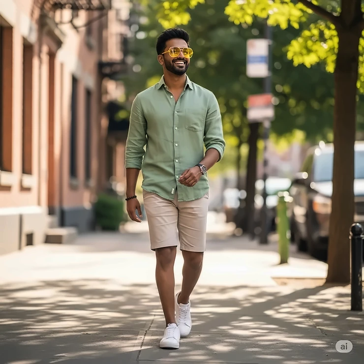 A stylish person smiling, wearing trendy yellow sunglasses that perfectly complement their summer outfit.