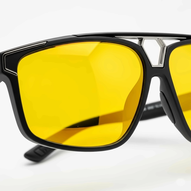Close-up of the sleek frame and vibrant yellow lenses of modern sunglasses, highlighting their unique design.