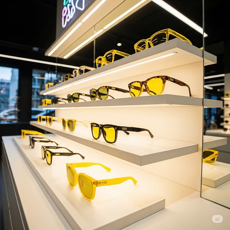 A stylish retail display showcasing various yellow sunglasses, inviting customers to explore the trendy eyewear collection.