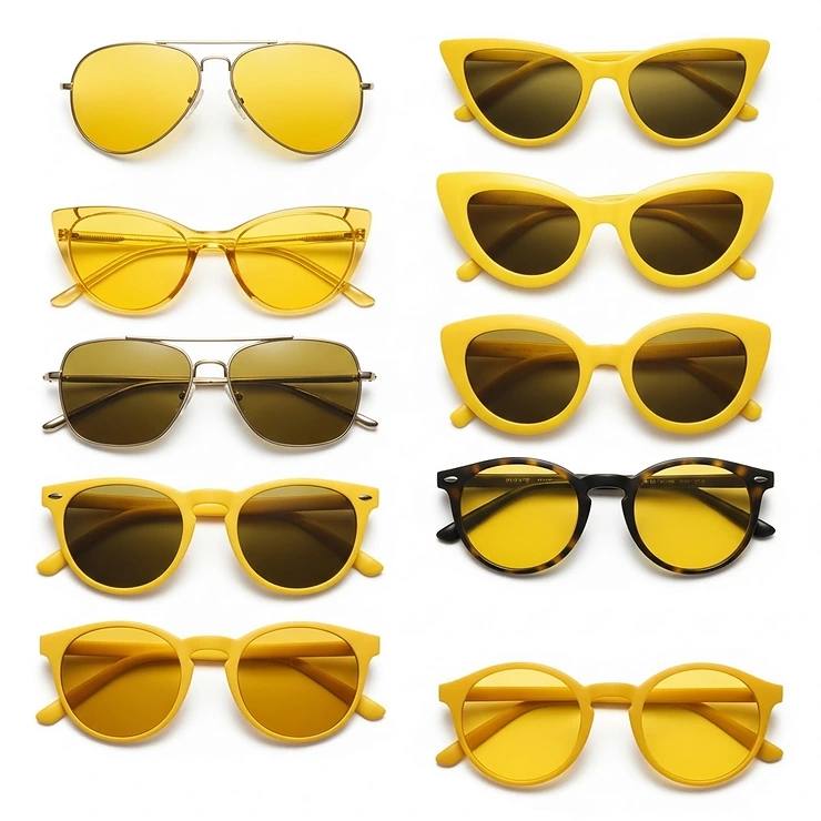 A collection of various styles of yellow sunglasses, including aviator, cat-eye, and round frames, for diverse fashion preferences.