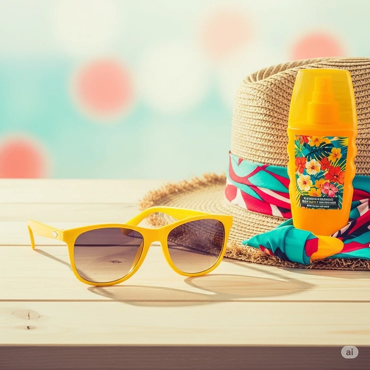 Still life showcasing a pair of bright yellow sunglasses alongside other summer essentials like a straw hat and sunscreen.