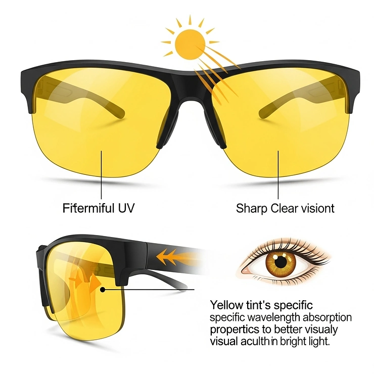 An illustration demonstrating how yellow sunglasses effectively protect eyes from harmful UV rays, offering clear vision in bright light.