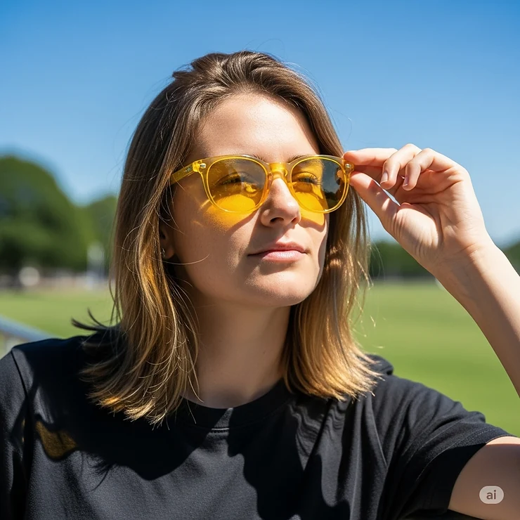 Person wearing yellow tint sunglasses in bright outdoor conditions, with the scene appearing clear and glare-free through the lenses.