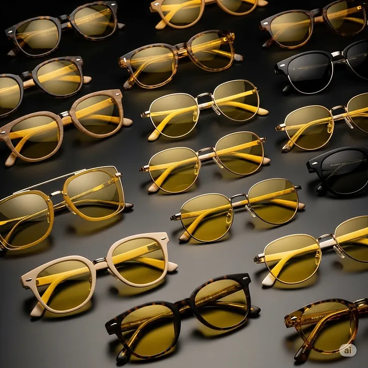 Collection of diverse frame styles, all featuring yellow tint sunglasses lenses, demonstrating versatility for different face shapes.