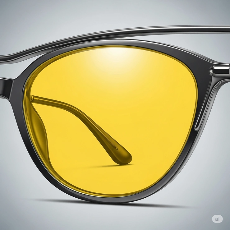 Close-up of yellow tinted sunglasses frames, emphasizing lens color and design.