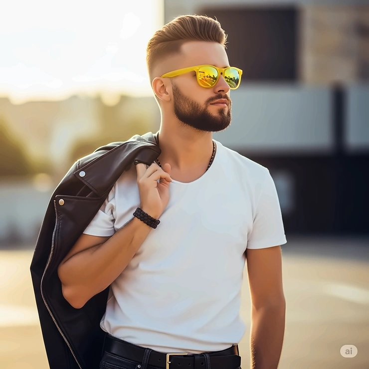 A stylish person wearing trendy yellow-tinted sunglasses, reflecting a sunny outdoor scene.