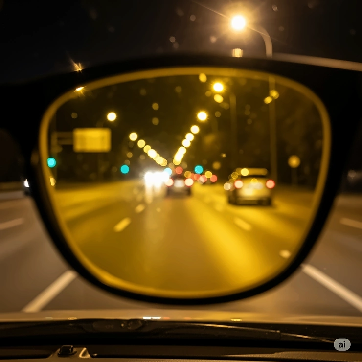 Image depicting the view through yellow tinted sunglasses at night, suggesting reduced glare for driving.