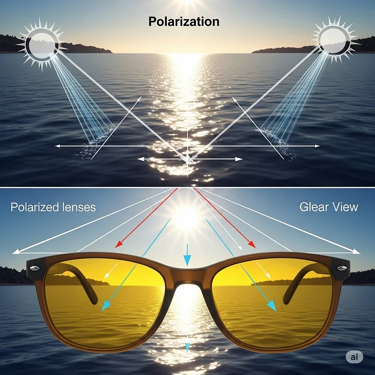 Visual representation of polarization effect with yellow tinted sunglasses, showing glare reduction.