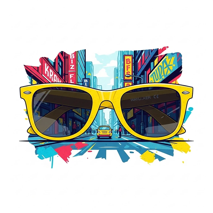 Urban illustration featuring yellow Wayfarer sunglasses, perfect for a casual and cool street style.