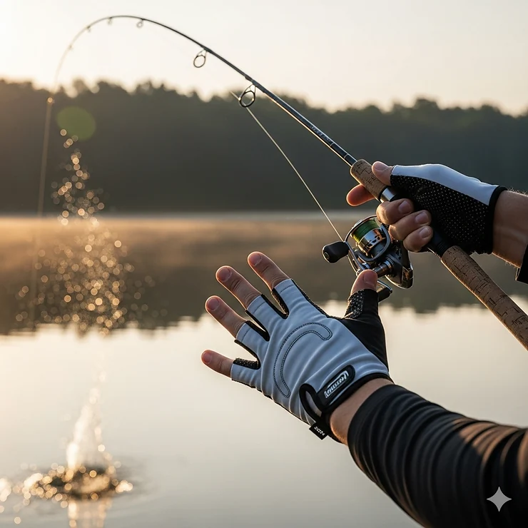An angler wearing fingerless fishing gloves that protect their hands from the sun while casting a line on a lake, showcasing the freedom of movement they offer.