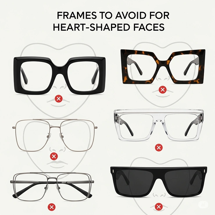 A visual guide of oversized or square frames that are not recommended for a heart-shaped face, as they can disproportionately widen the forehead.