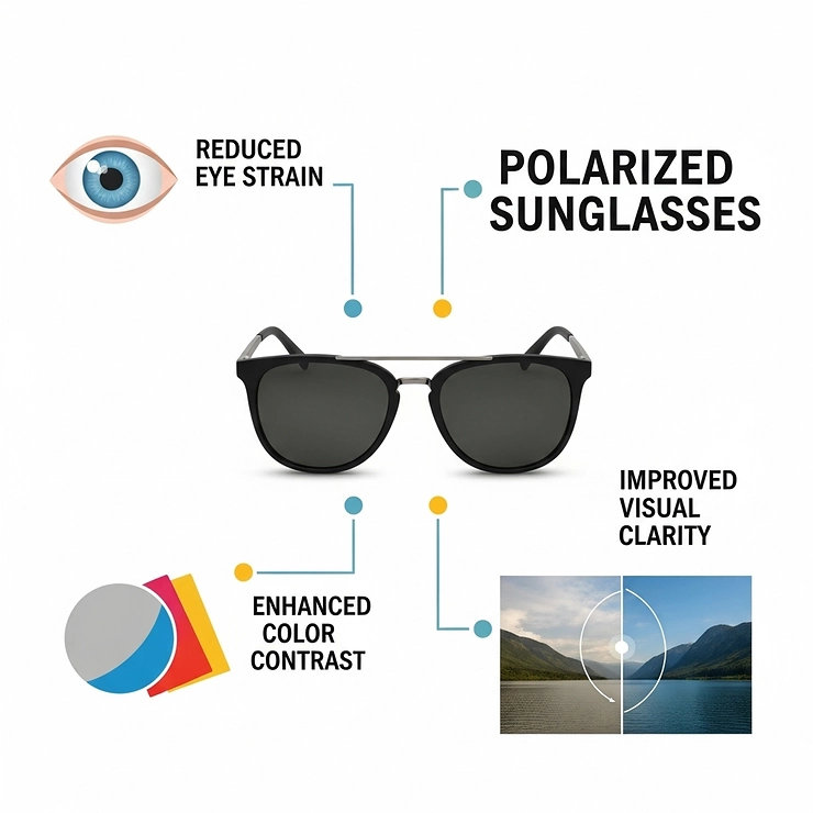 An infographic listing the key benefits of wearing polarized sunglasses, such as reduced eye strain, enhanced color contrast, and improved visual clarity. This visually summarizes why polarized sunglasses are a better choice for many.