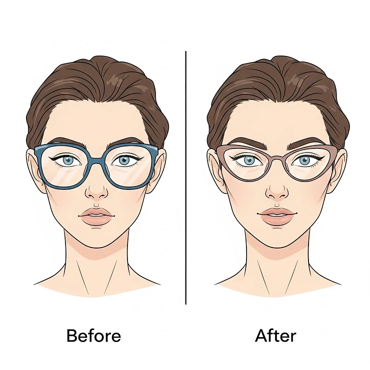 A side-by-side illustration of a person with a heart-shaped face. The "before" shows ill-fitting glasses, and the "after" shows how the best glasses for a heart-shaped face enhance their features.