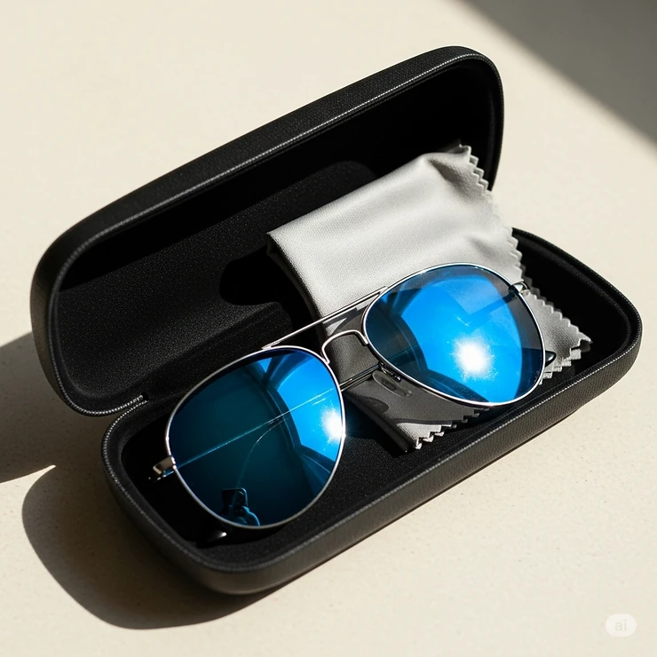 An image showing a pair of blue aviator sunglasses neatly placed inside their protective case, alongside a microfiber cleaning cloth.
