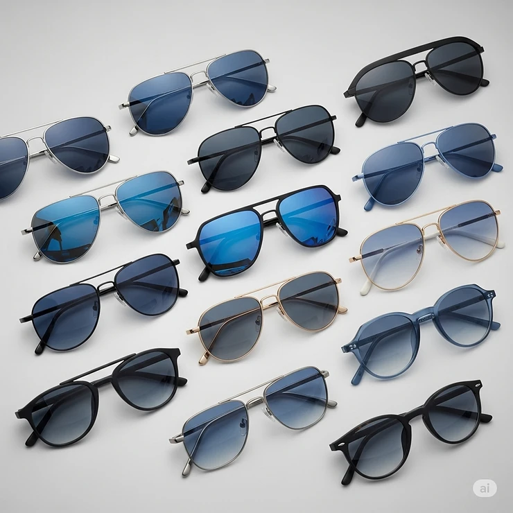 A collection of different styles of blue aviator sunglasses, showcasing various frame materials and lens shades.