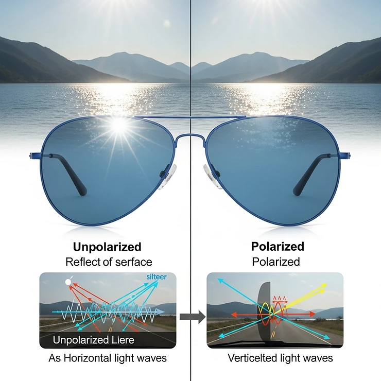 An illustration demonstrating how polarized blue aviator sunglasses reduce glare from a bright surface, like water or a car windshield.
