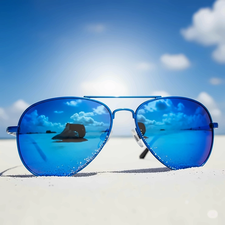 A detailed image of blue aviator sunglasses showing the reflection of a clear blue sky and fluffy clouds on the lenses.