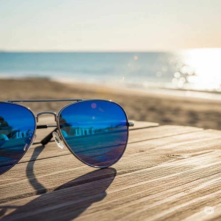 A close-up shot of stylish blue aviator sunglasses resting on a wooden table, with a blurred beach and ocean in the background.