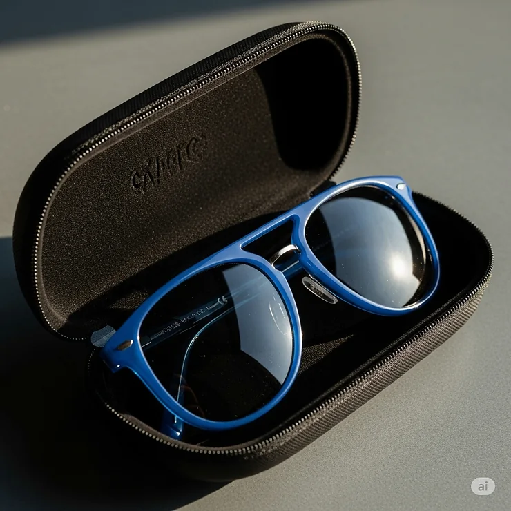 An image of a pair of blue frame sunglasses safely stored inside a protective carrying case.