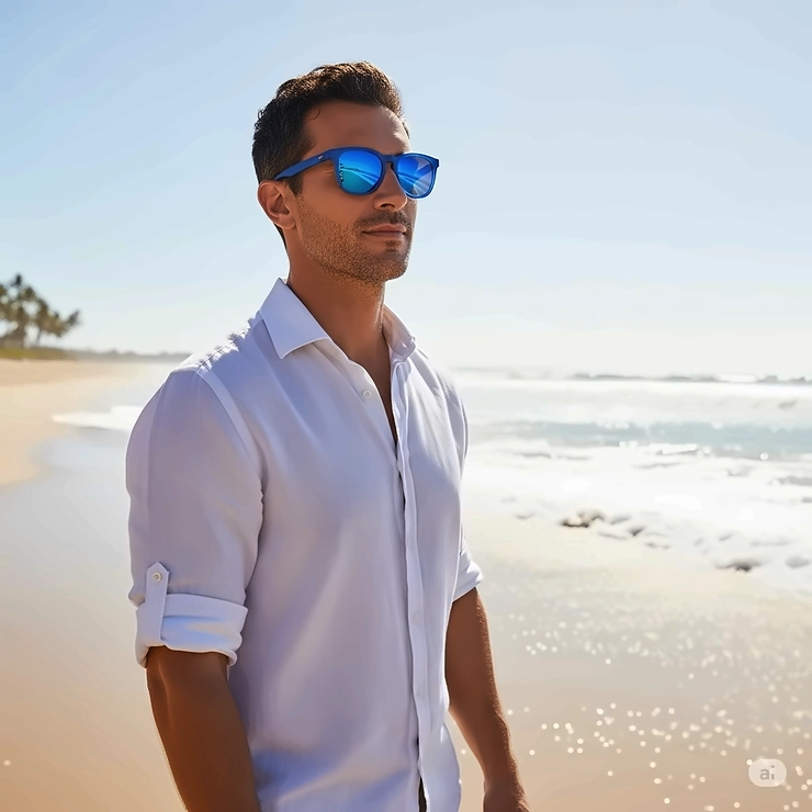 A man wearing stylish blue frame sunglasses stands on a sunny beach, with the ocean in the background.