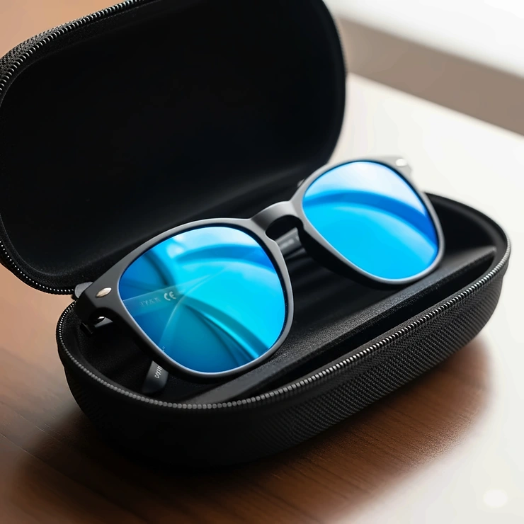 Blue lenses sunglasses neatly placed in a protective case, ready for travel or storage.