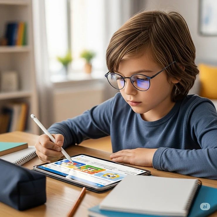 A photograph of a child wearing blue light glasses while doing homework on a tablet, illustrating their use for younger users.