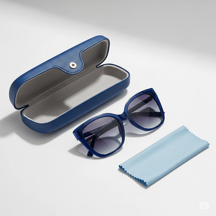 The complete package: a pair of blue women's sunglasses, their protective hard case, and a microfiber cleaning cloth.