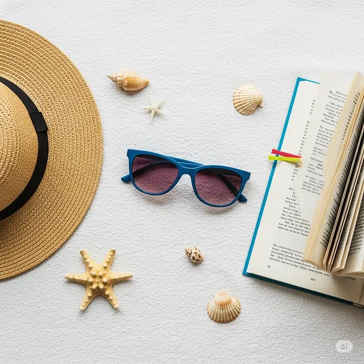 A flat lay photograph featuring a pair of blue women's sunglasses, a sun hat, and a book, ready for a vacation.