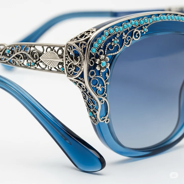 A detailed shot focusing on the unique design and craftsmanship of the frame on a pair of blue women's sunglasses.