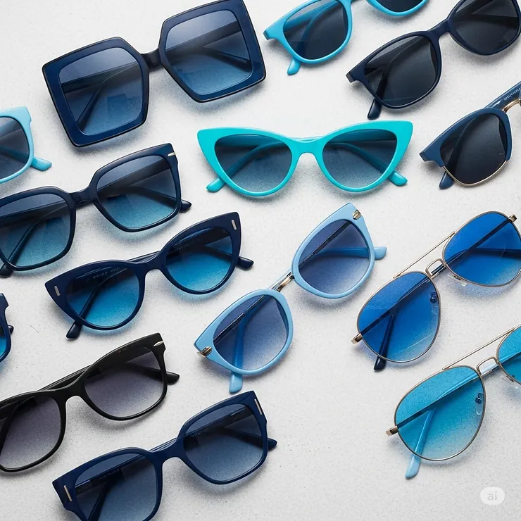 An arrangement of various blue women's sunglasses styles, including oversized, cat-eye, and aviator frames.