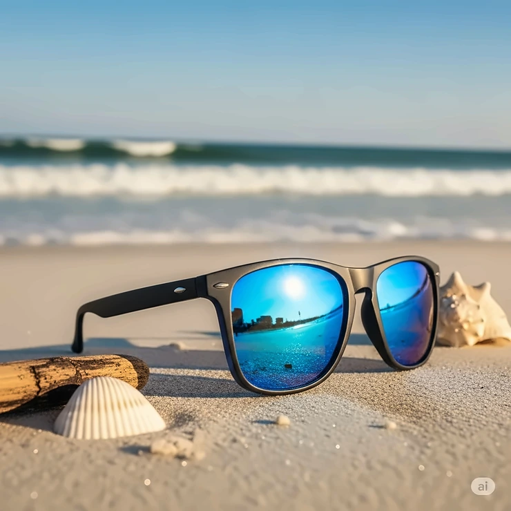 Blue tinted sunglasses resting on a sandy beach, with ocean waves in the background, symbolizing relaxation and summer.