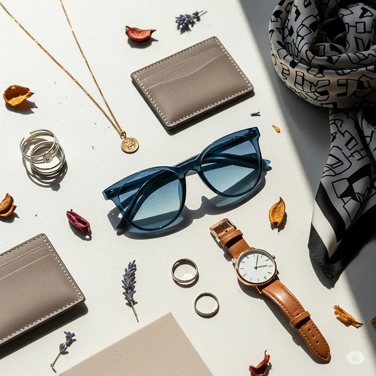 An artistic flat lay showcasing various fashion accessories alongside a pair of trendy blue tinted sunglasses, indicating style integration.