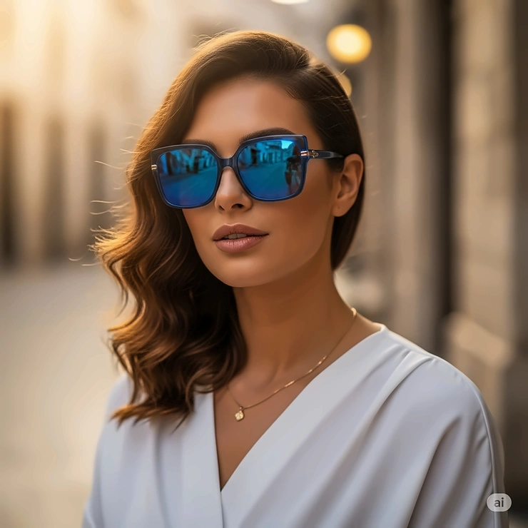 A stylish woman smiles while wearing a pair of trendy blue women's sunglasses, with a subtle reflection of the sky in the lenses.