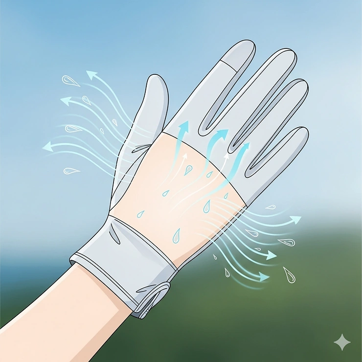 An illustration highlighting the breathable and moisture-wicking properties of the sun gloves, ensuring comfortable wear even in hot weather.