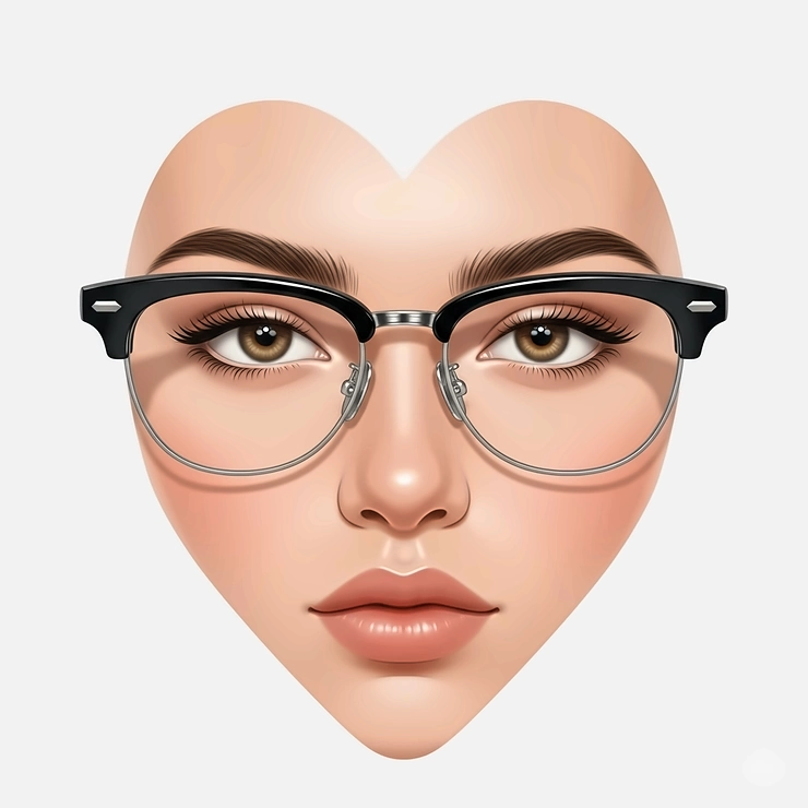 A graphic showcasing browline glasses on a heart-shaped face, with the emphasis on the upper frame drawing attention upwards.