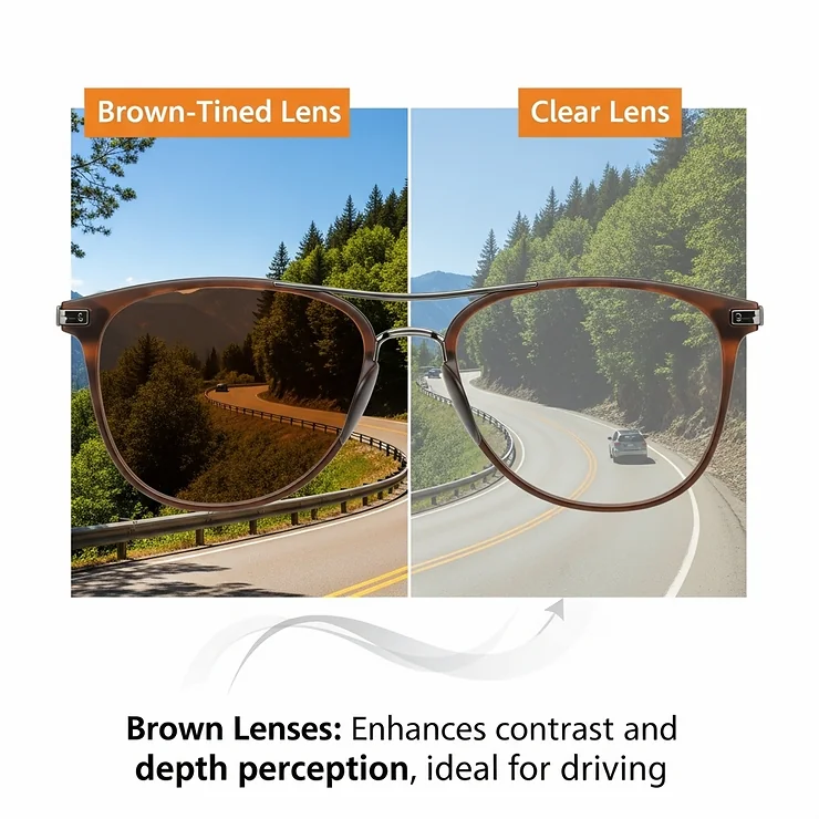 A diagram comparing a brown-tinted sunglass lens to a clear lens, highlighting how brown enhances contrast and depth perception, making it one of the best lens colors for driving.