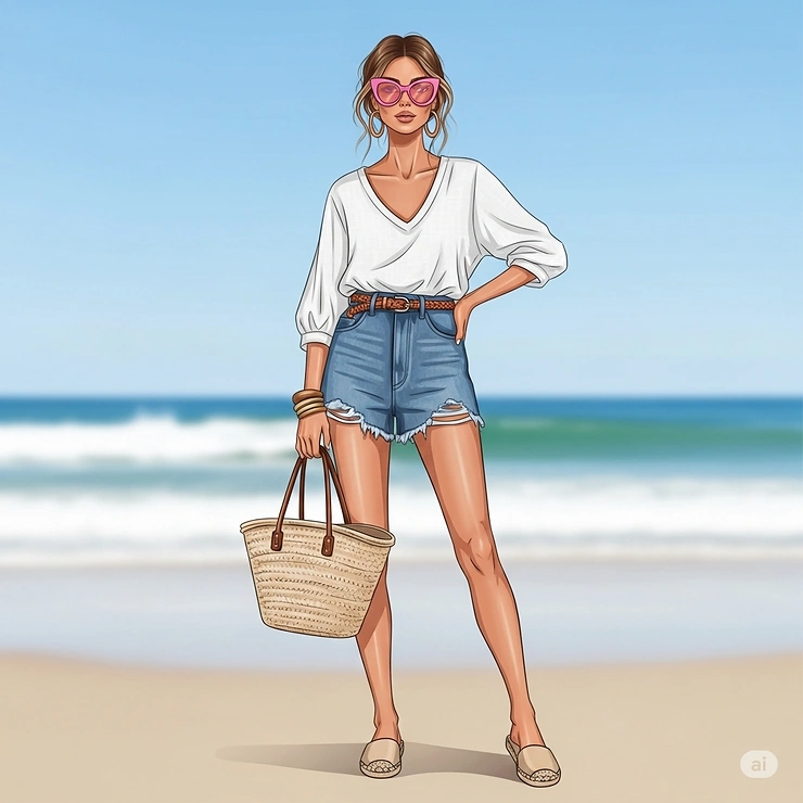 A full-body illustration of a woman wearing a casual summer outfit, completed with a pair of vibrant pink sunglasses for a pop of color.