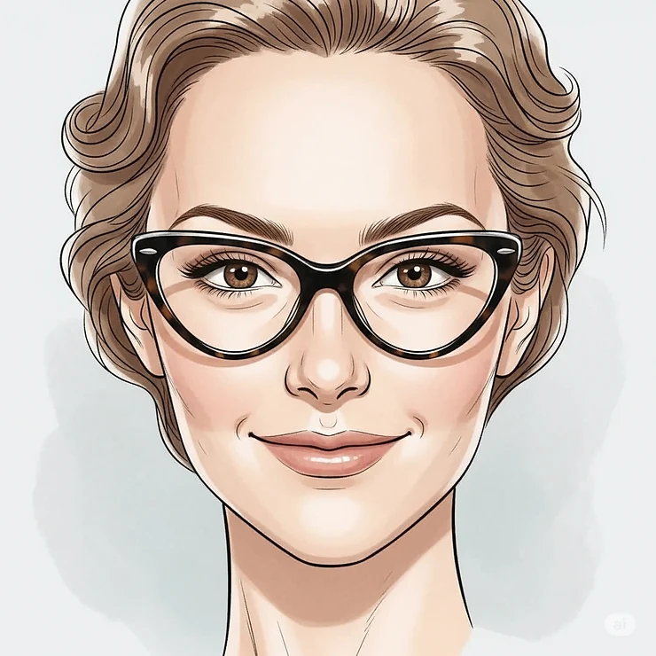Illustration of a woman with a heart-shaped face wearing elegant cat-eye glasses that balance her forehead and chin. best glasses for heart shaped face