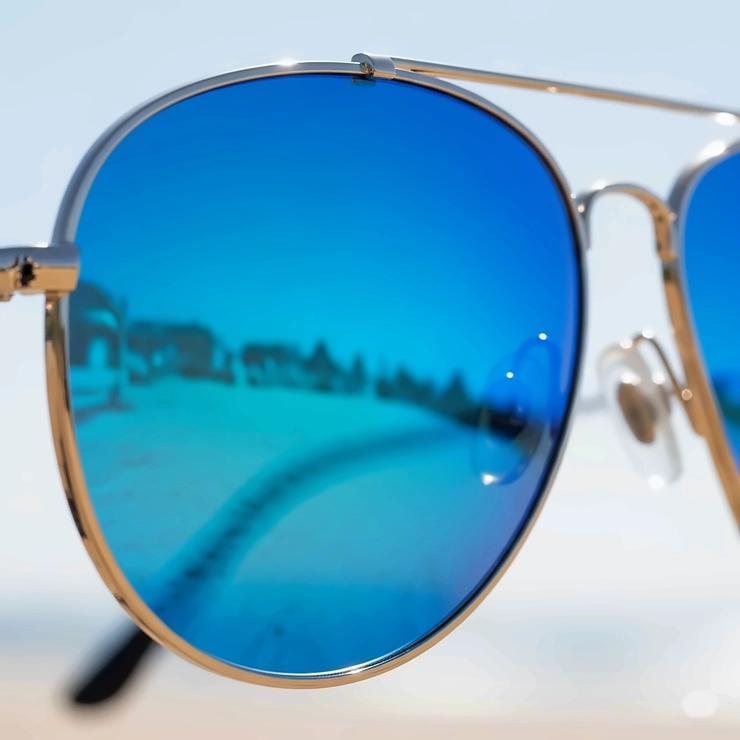 Close-up of classic aviator sunglasses with vibrant blue lenses, perfect for sun protection.