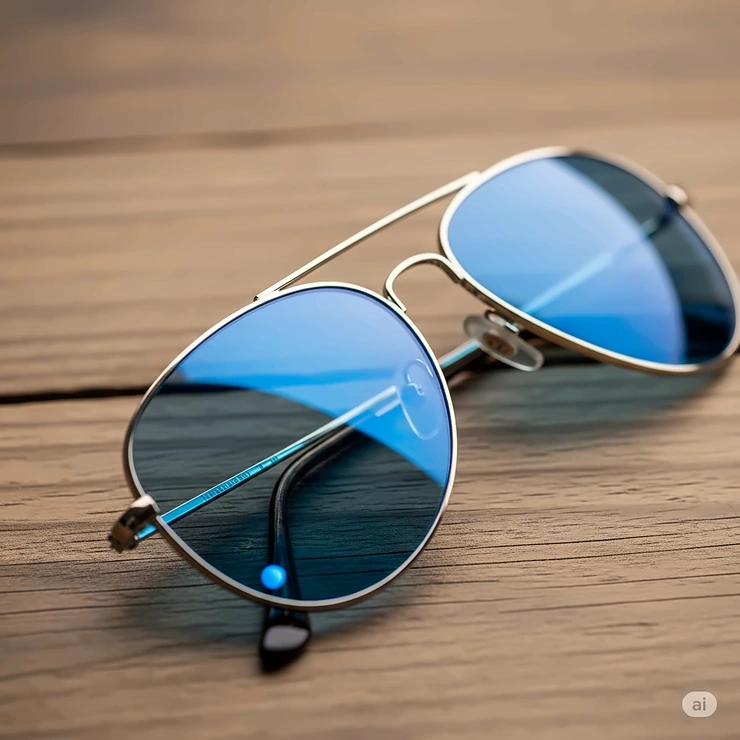 Close-up of classic aviator-style blue tinted sunglasses on a wooden surface, showcasing their timeless design.