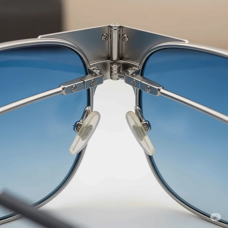 A close-up view highlighting the quality craftsmanship and durable hinge of a pair of blue aviator sunglasses.