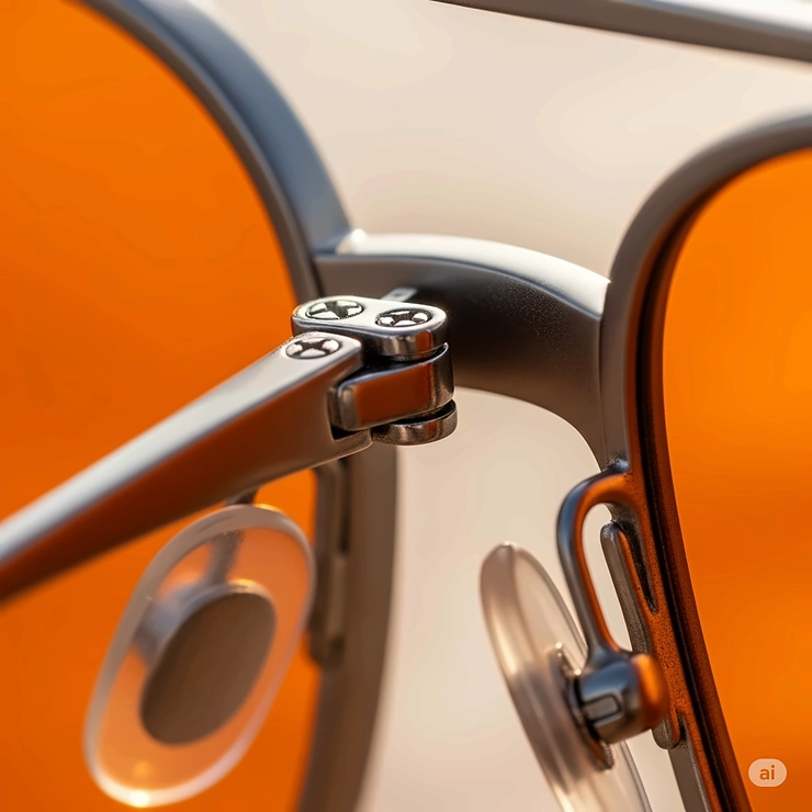An extreme close-up view of the hinge and frame detail of a high-quality pair of orange aviator sunglasses, showing craftsmanship.