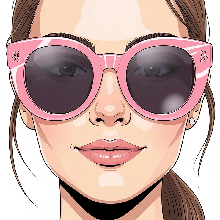 A detailed illustration of a woman's face from the chin up, highlighting the intricate design and glossy finish of her pink round-frame sunglasses.